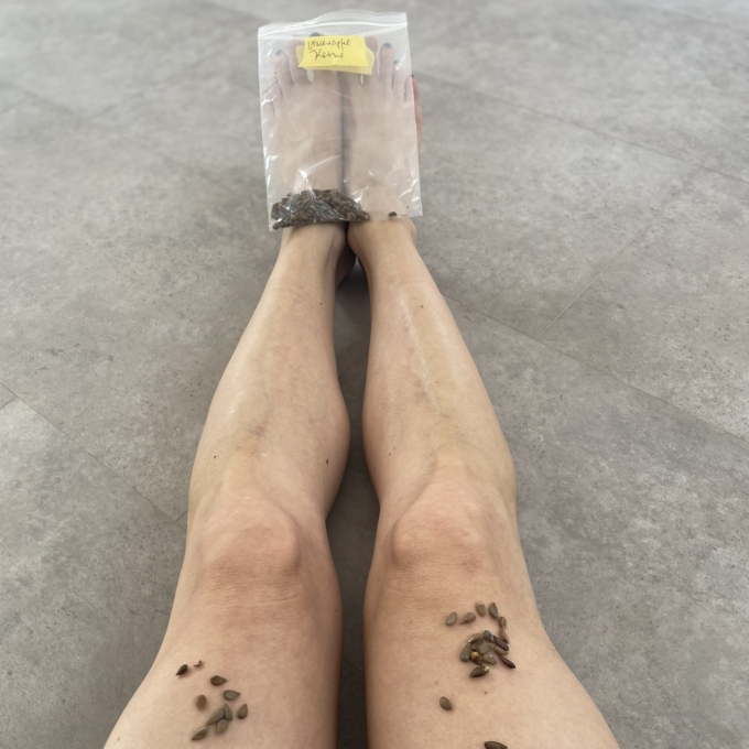 Beine, auf denen Apfelkerne liegen. Die Füße stecken in einem Plastikbeutel mit Apfelkernen