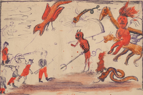 Zeichnung von vielen roten Teufeln, die miteinander kämpfen