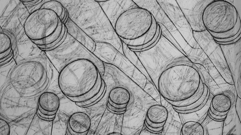 Bleistiftzeichnung zahlreicher Getränkeflaschen von oben