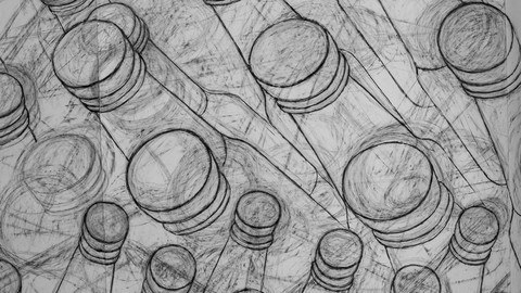 pencil drawing of numerous bottles shown from the top